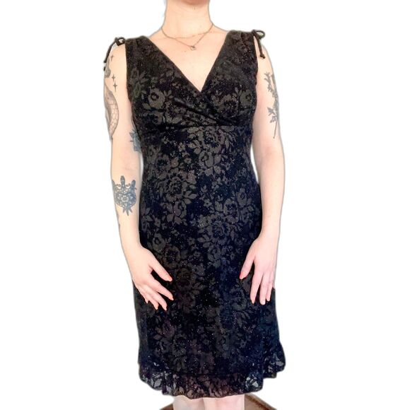 Vtg 90s Whimsygoth Sparkly Black Rose V-Neck Cocktail Dress I.N. Studio Size M - Picture 4 of 8